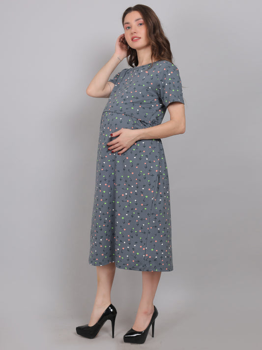 SmokeGrey-KnittedCotton-Maternity-Loungewear-Dress