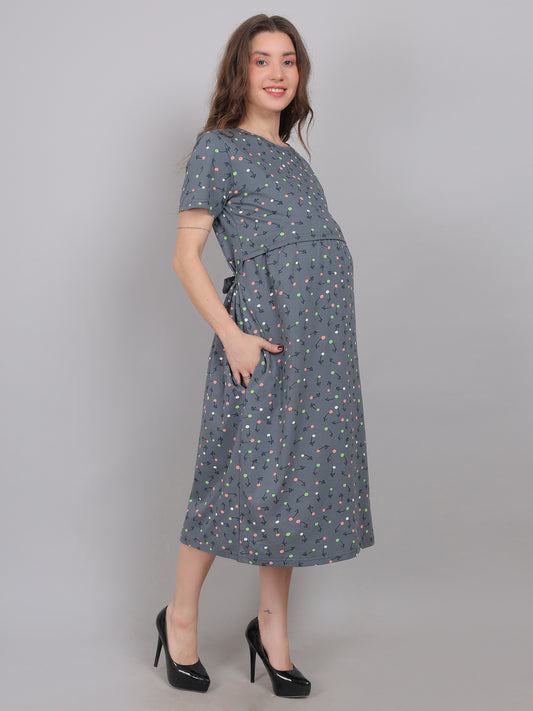 SmokeGrey-KnittedCotton-Maternity-Loungewear-Dress