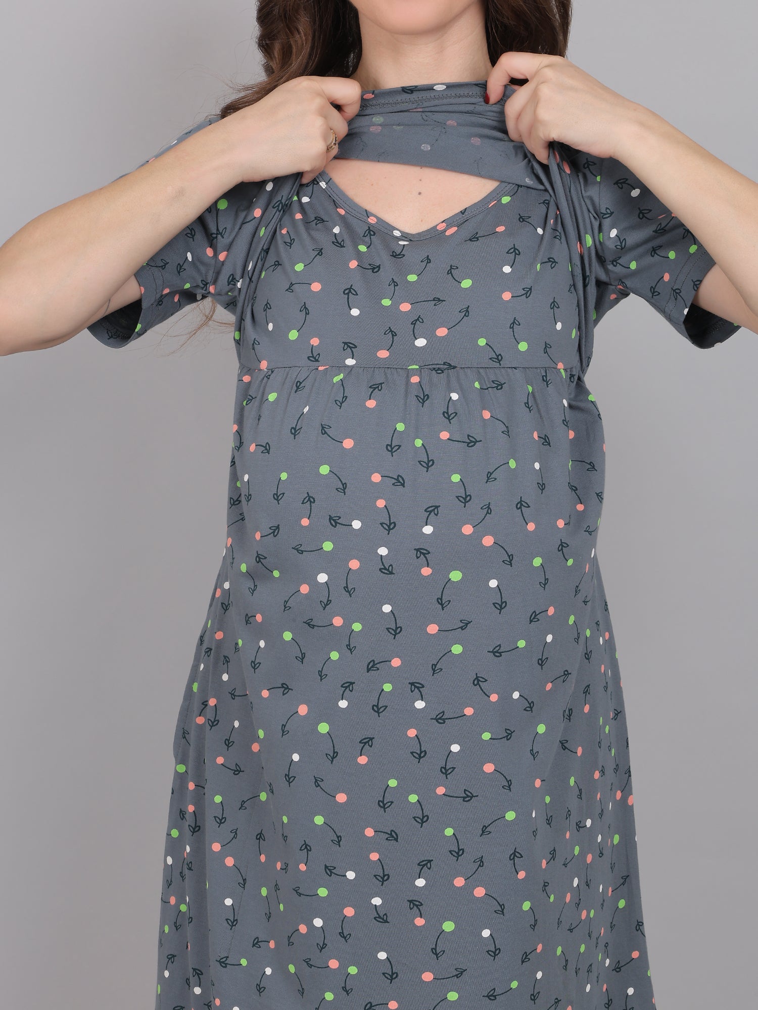 SmokeGrey-KnittedCotton-Maternity-Loungewear-Dress