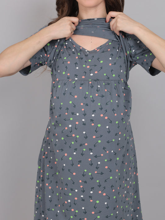 SmokeGrey-KnittedCotton-Maternity-Loungewear-Dress