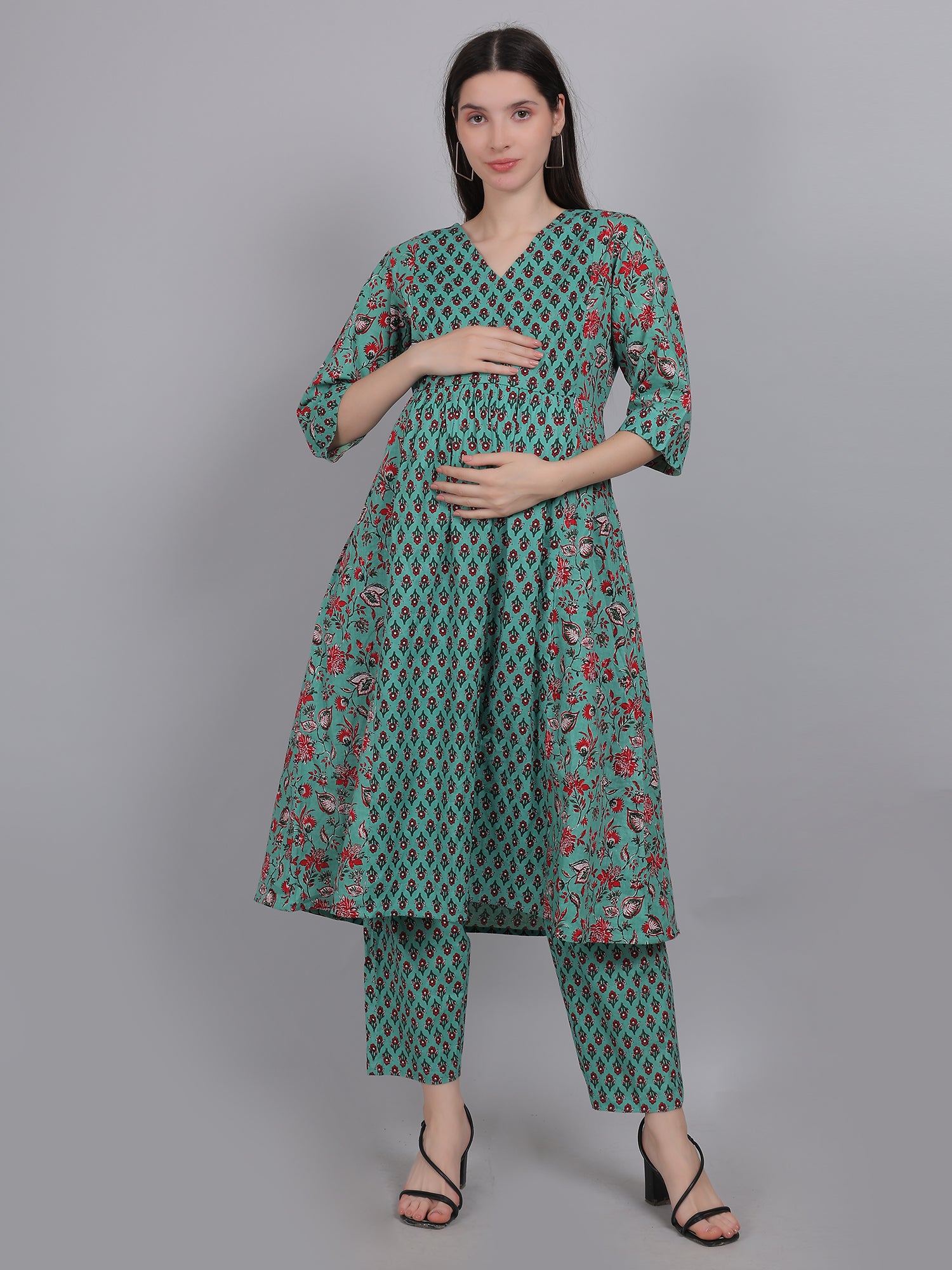 Teal-PureCotton-Maternity-Feeding-KurtaSet