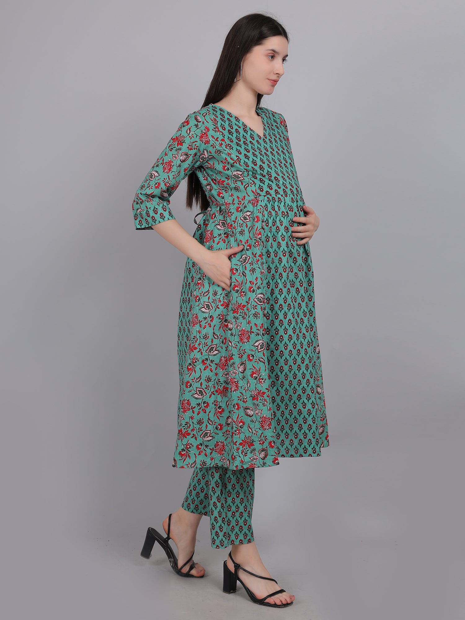 Teal-PureCotton-Maternity-Feeding-KurtaSet