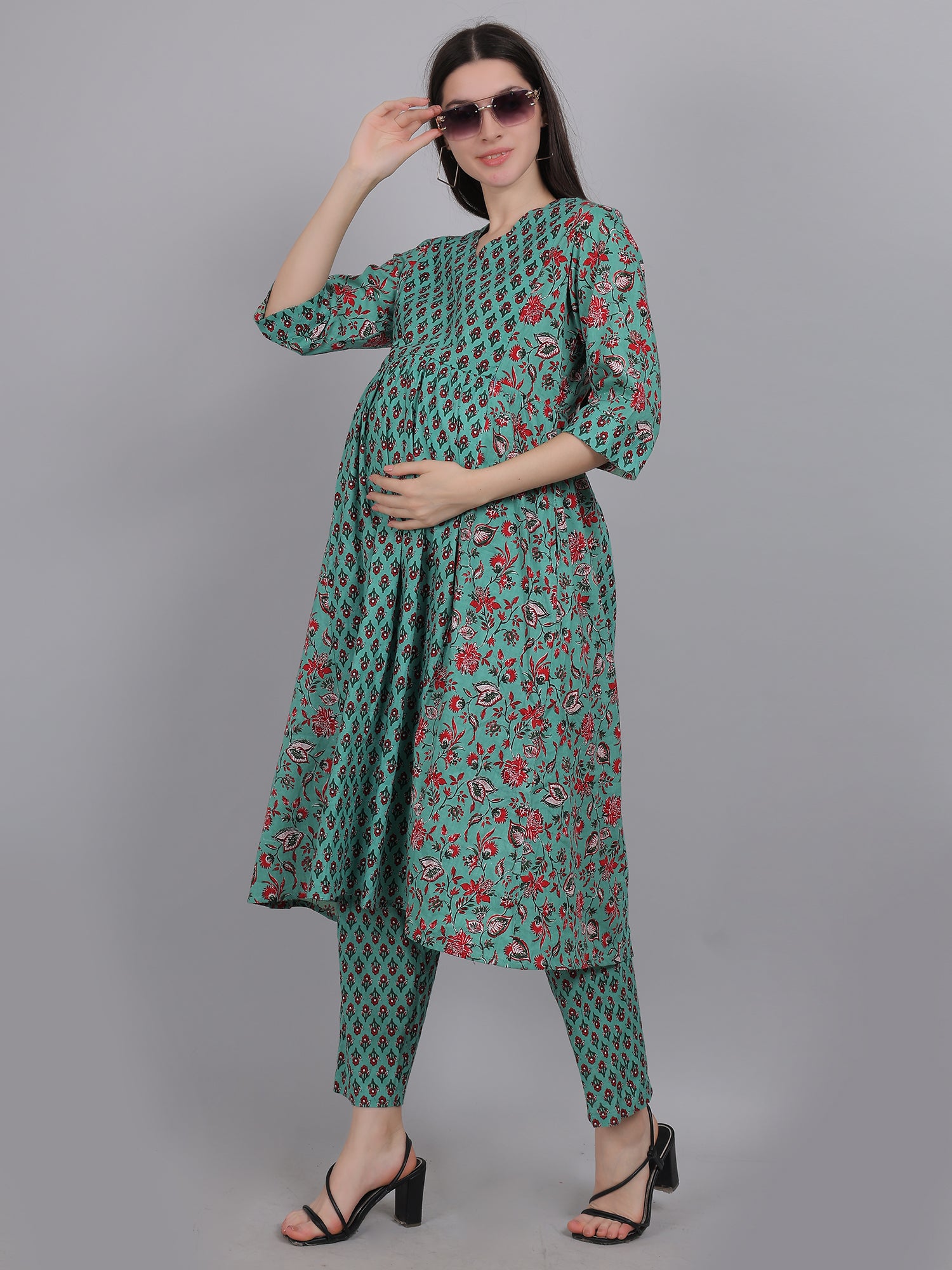Teal-PureCotton-Maternity-Feeding-KurtaSet
