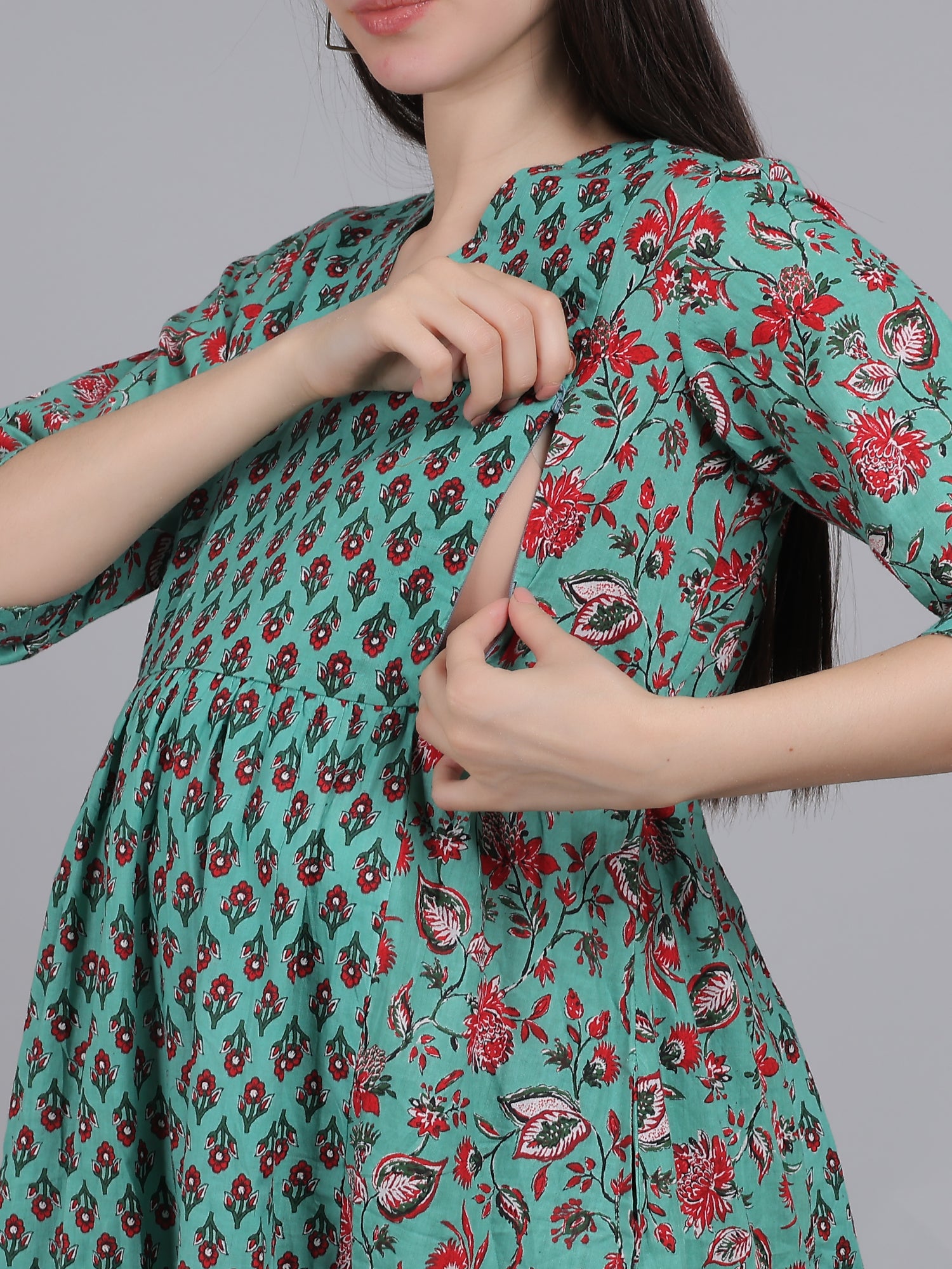 Teal-PureCotton-Maternity-Feeding-KurtaSet