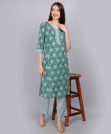 Teal Pure Cotton Straight Feeding Kurta Set