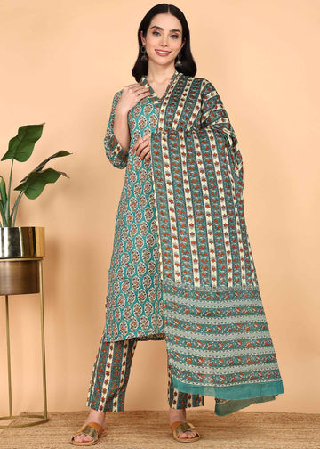 Teal Pure Cotton Straight Feeding Kurta Set with Dupatta