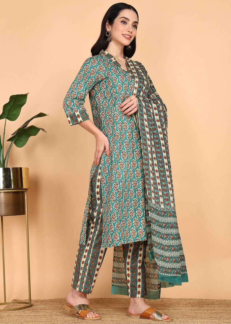 Teal Pure Cotton Straight Feeding Kurta Set with Dupatta