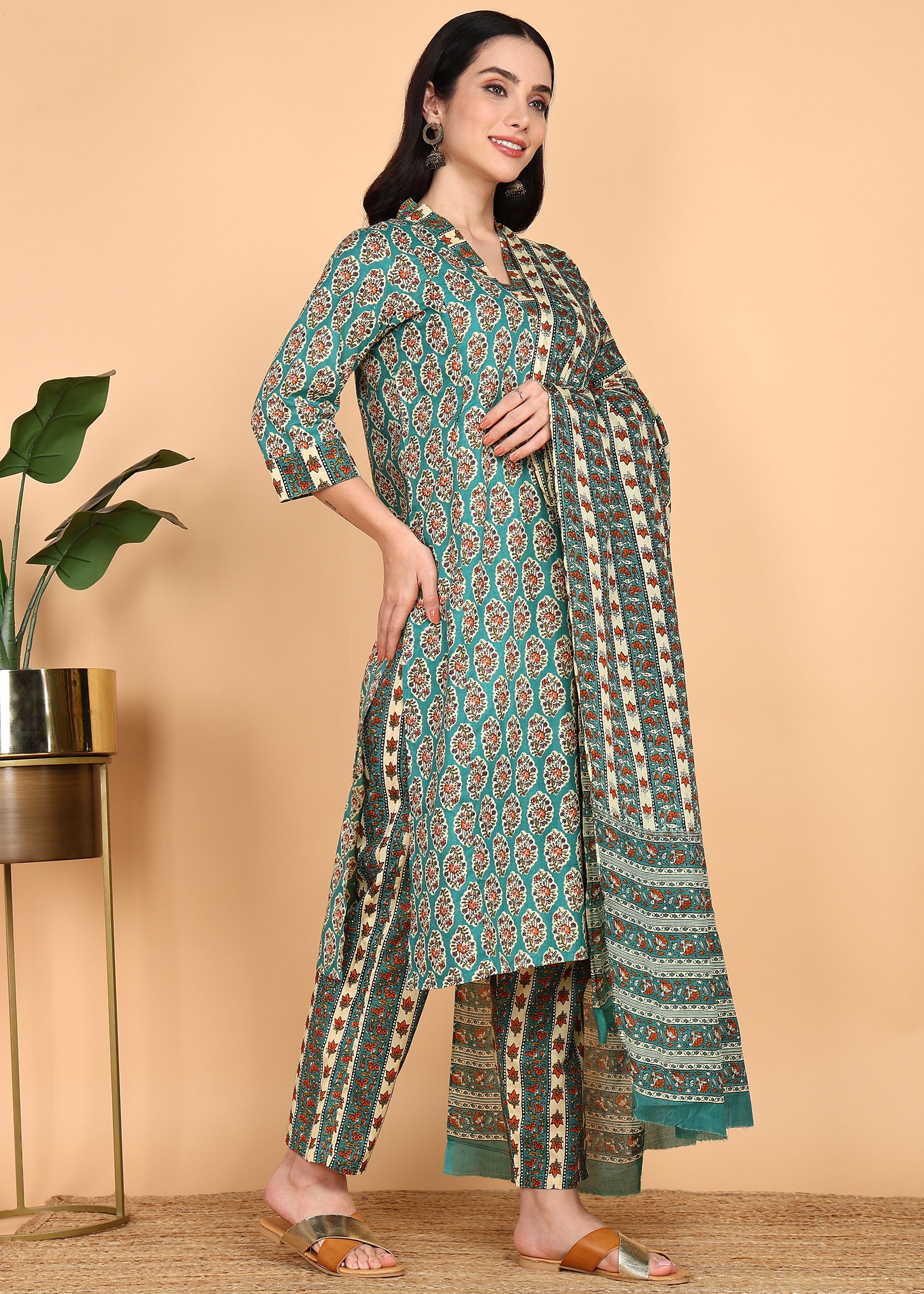 Teal-PureCotton-Straight-Feeding-KurtaSet-Dupatta