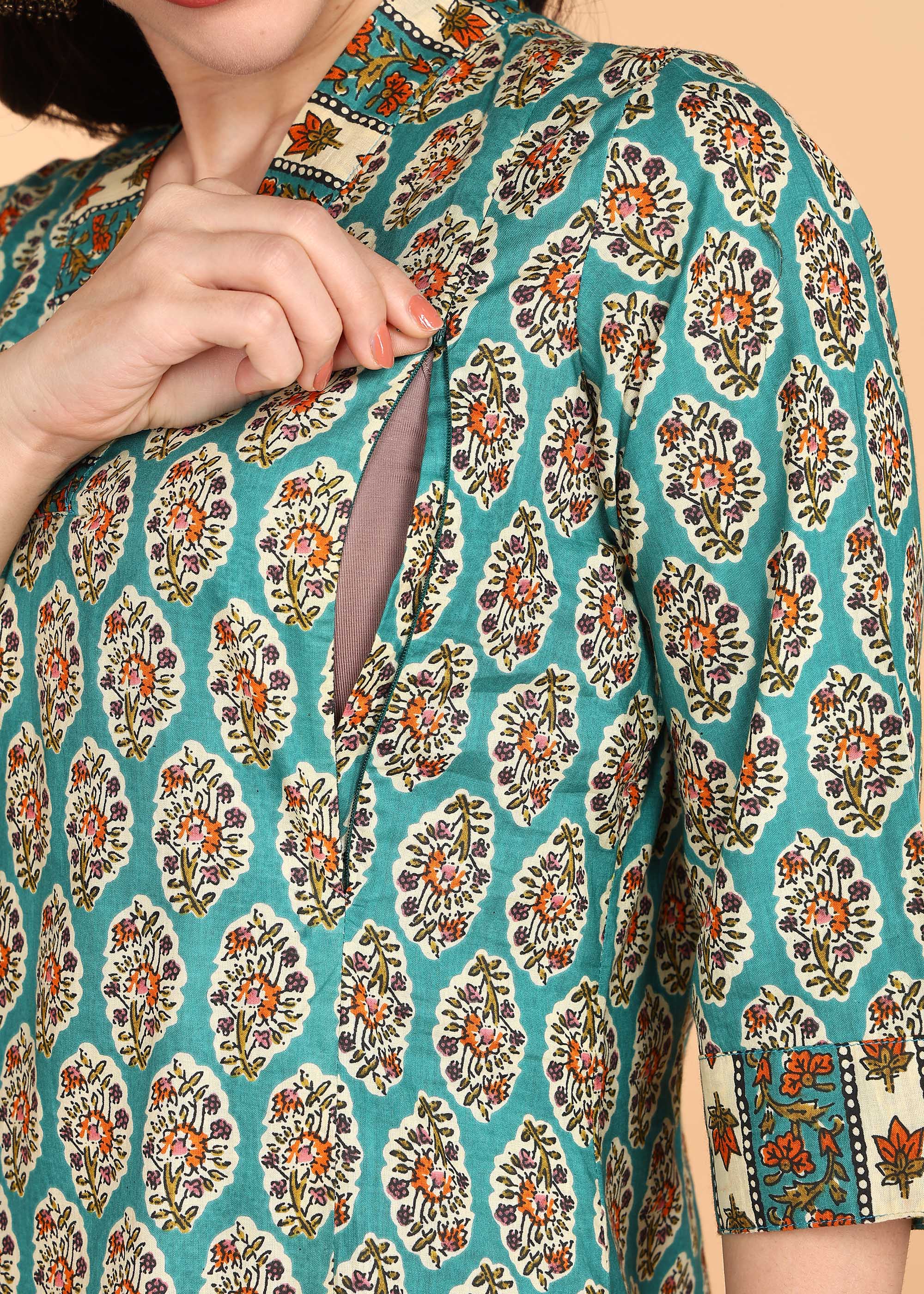Teal-PureCotton-Straight-Feeding-KurtaSet-Dupatta