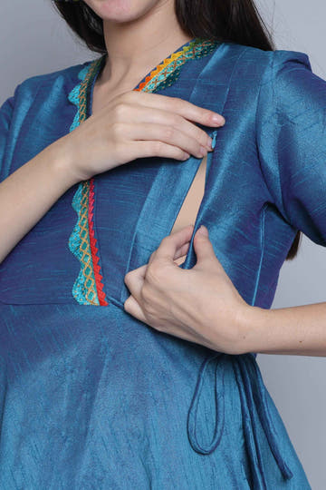 Teal Blue Festive Maternity and Feeding Kurta Set With Dupatta