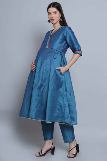 Teal Blue Festive Maternity and Feeding Kurta Set With Dupatta