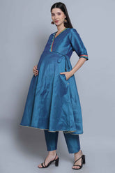Teal Blue Festive Maternity and Feeding Kurta Set With Dupatta