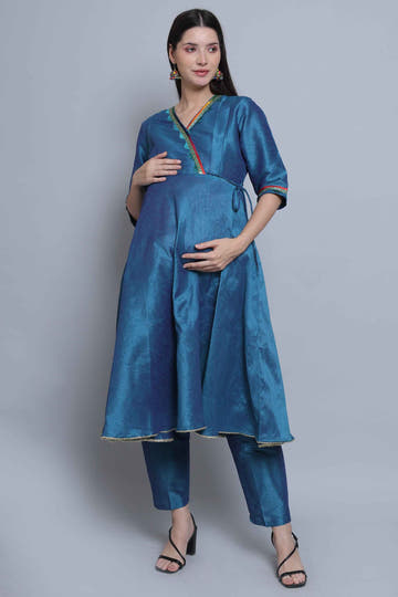 Teal Blue Festive Maternity and Feeding Kurta Set With Dupatta