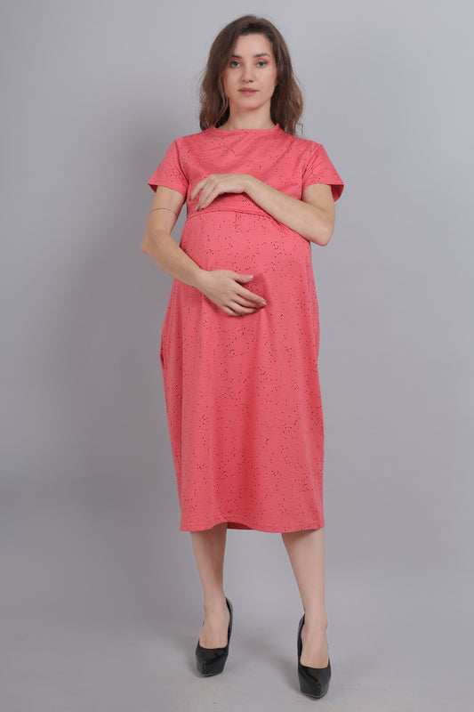 TomatoRed-KnittedCotton-Maternity-Loungewear-Dress