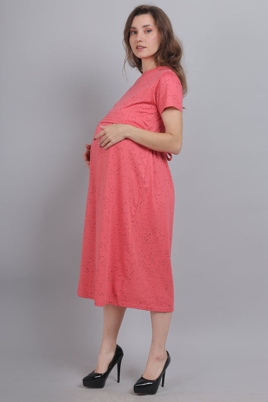 TomatoRed-KnittedCotton-Maternity-Loungewear-Dress