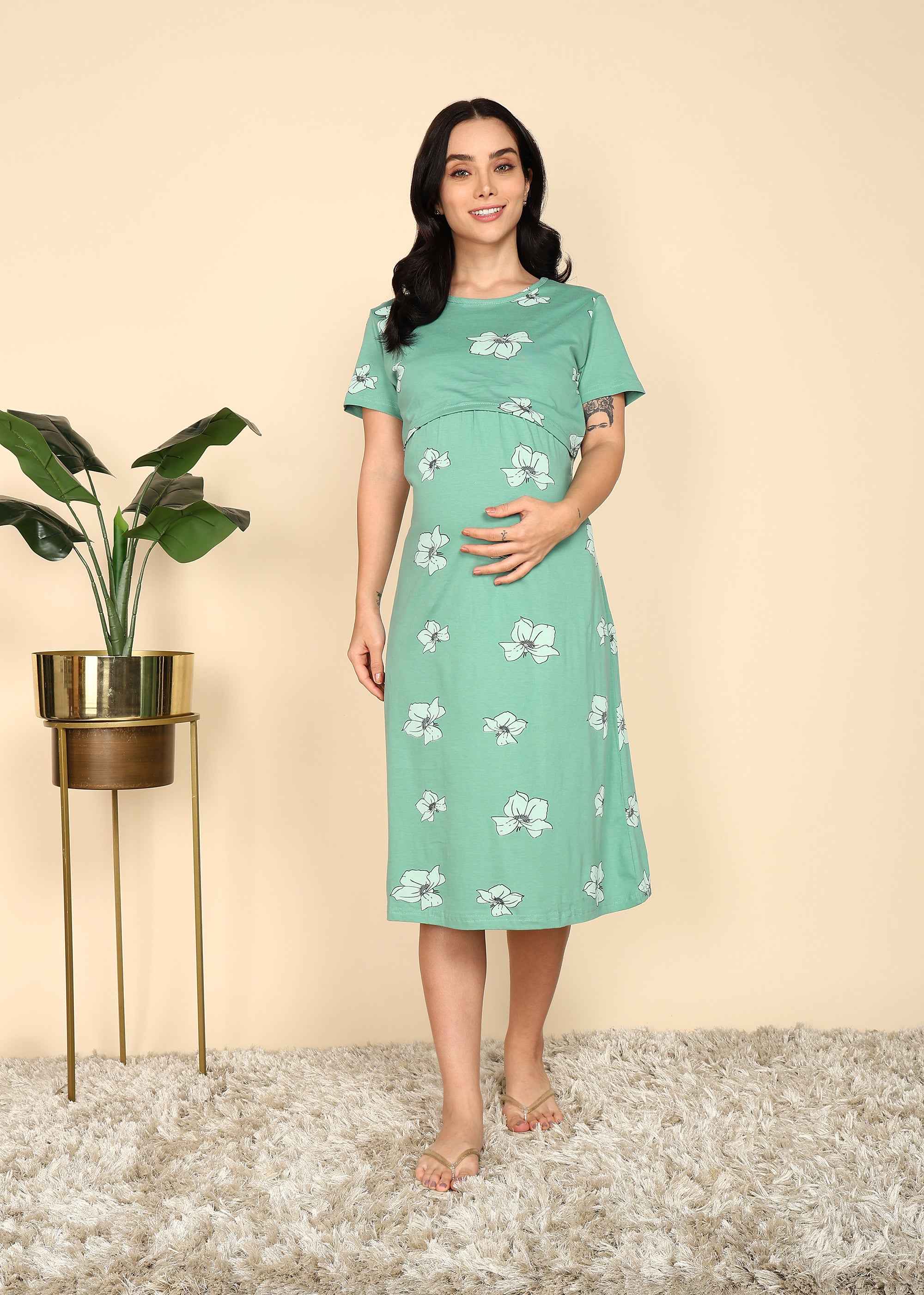 Turquoise Green Knitted Cotton Maternity Loungewear Dress Turquoise Green Knitted Cotton Maternity Loungewear Dress