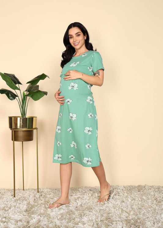 Turquoise-Green-KnittedCotton-Maternity-Loungewear-Dress