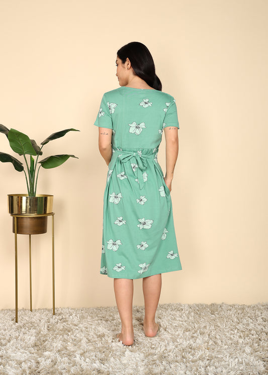 Turquoise-Green-KnittedCotton-Maternity-Loungewear-Dress