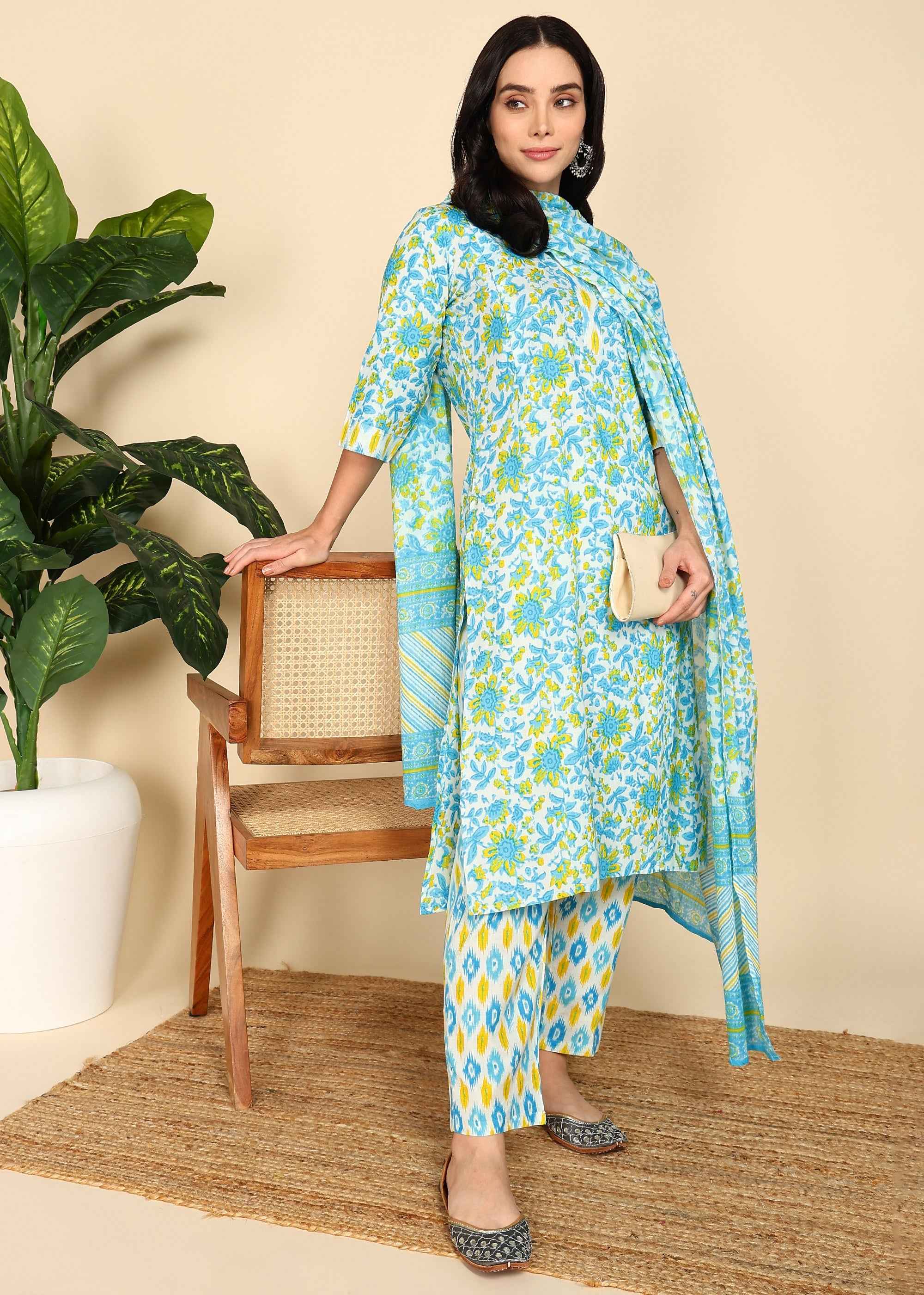 White Floral Pure Cotton Straight Feeding Kurta Set with Dupatta
