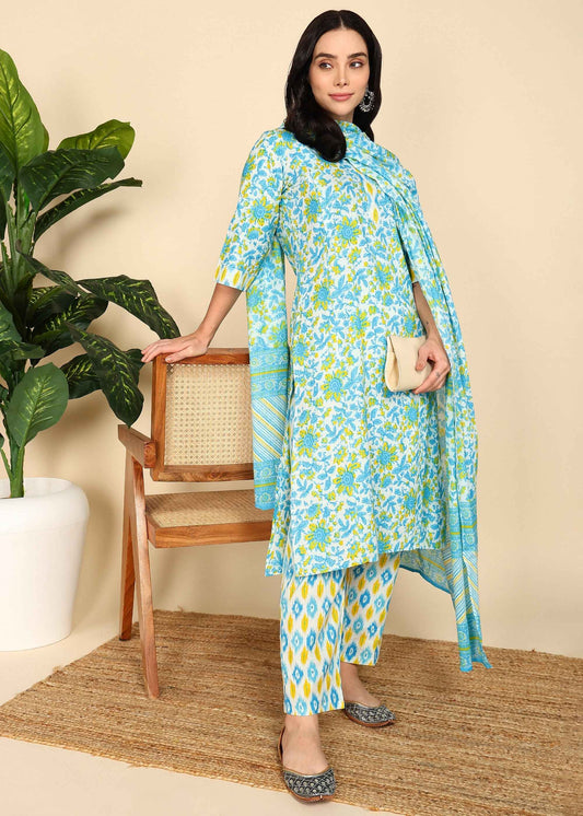 White Floral Pure Cotton Straight Feeding Kurta Set with Dupatta
