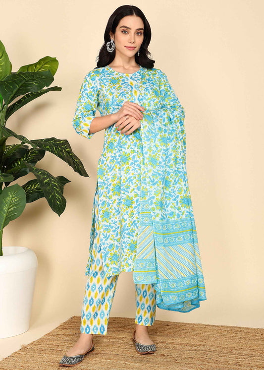 White Floral Pure Cotton Straight Feeding Kurta Set with Dupatta