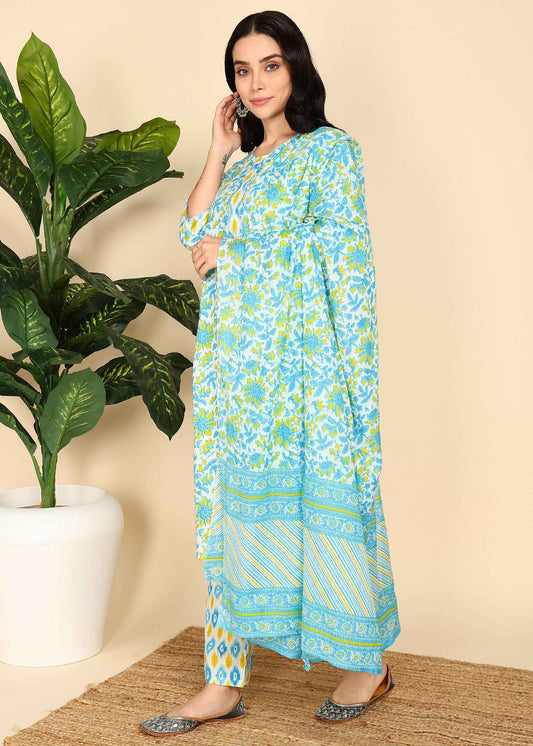 White Floral Pure Cotton Straight Feeding Kurta Set with Dupatta