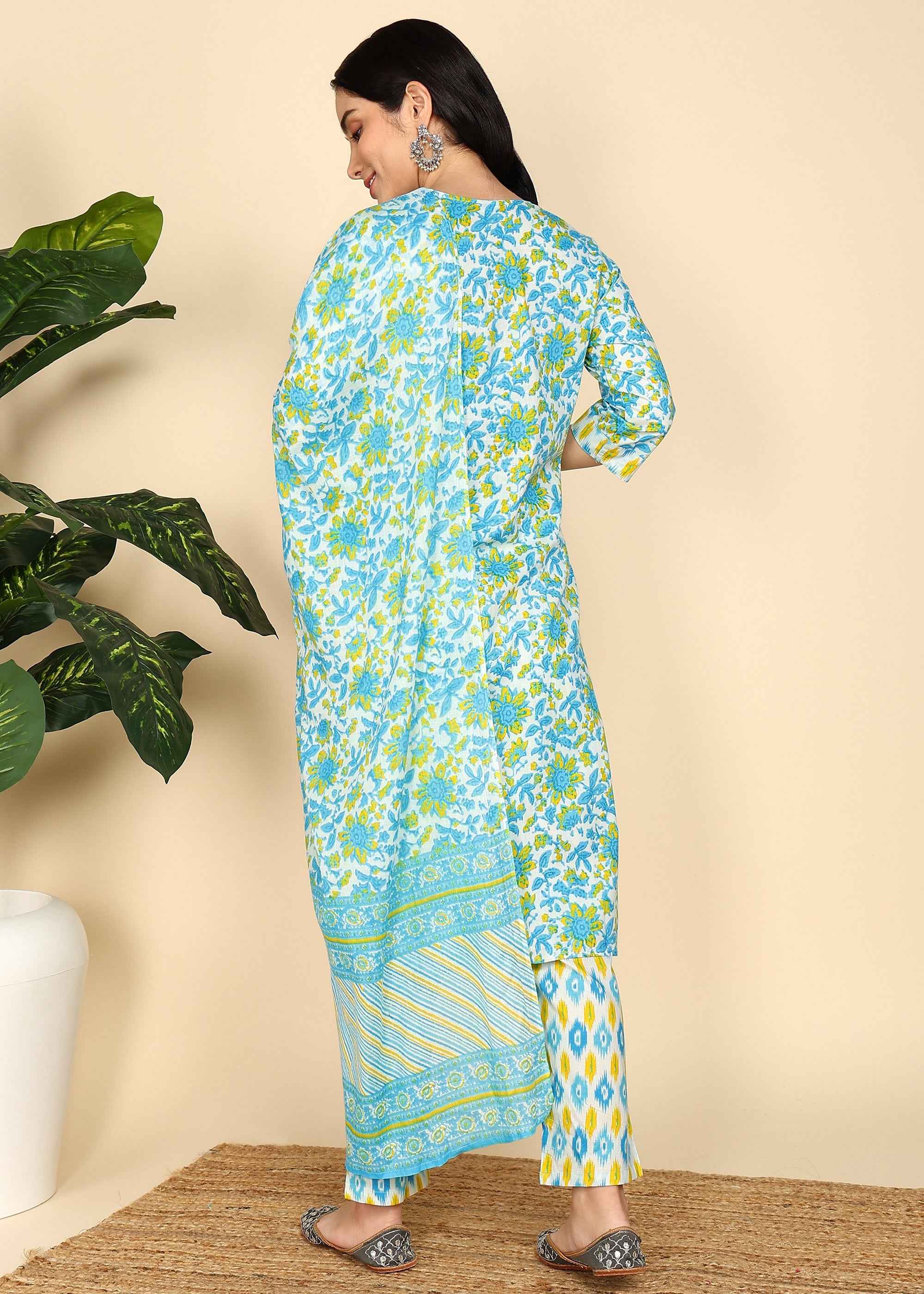 White Floral Pure Cotton Straight Feeding Kurta Set with Dupatta