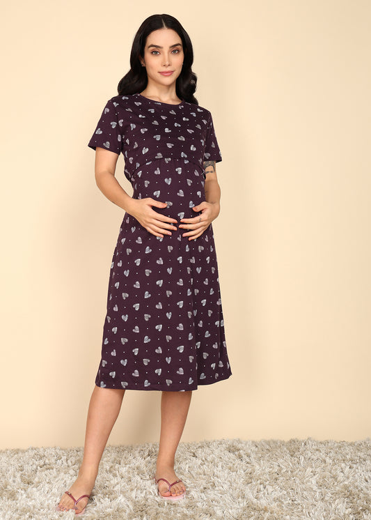 Wine-KnittedCotton-Maternity-Loungewear-Dress