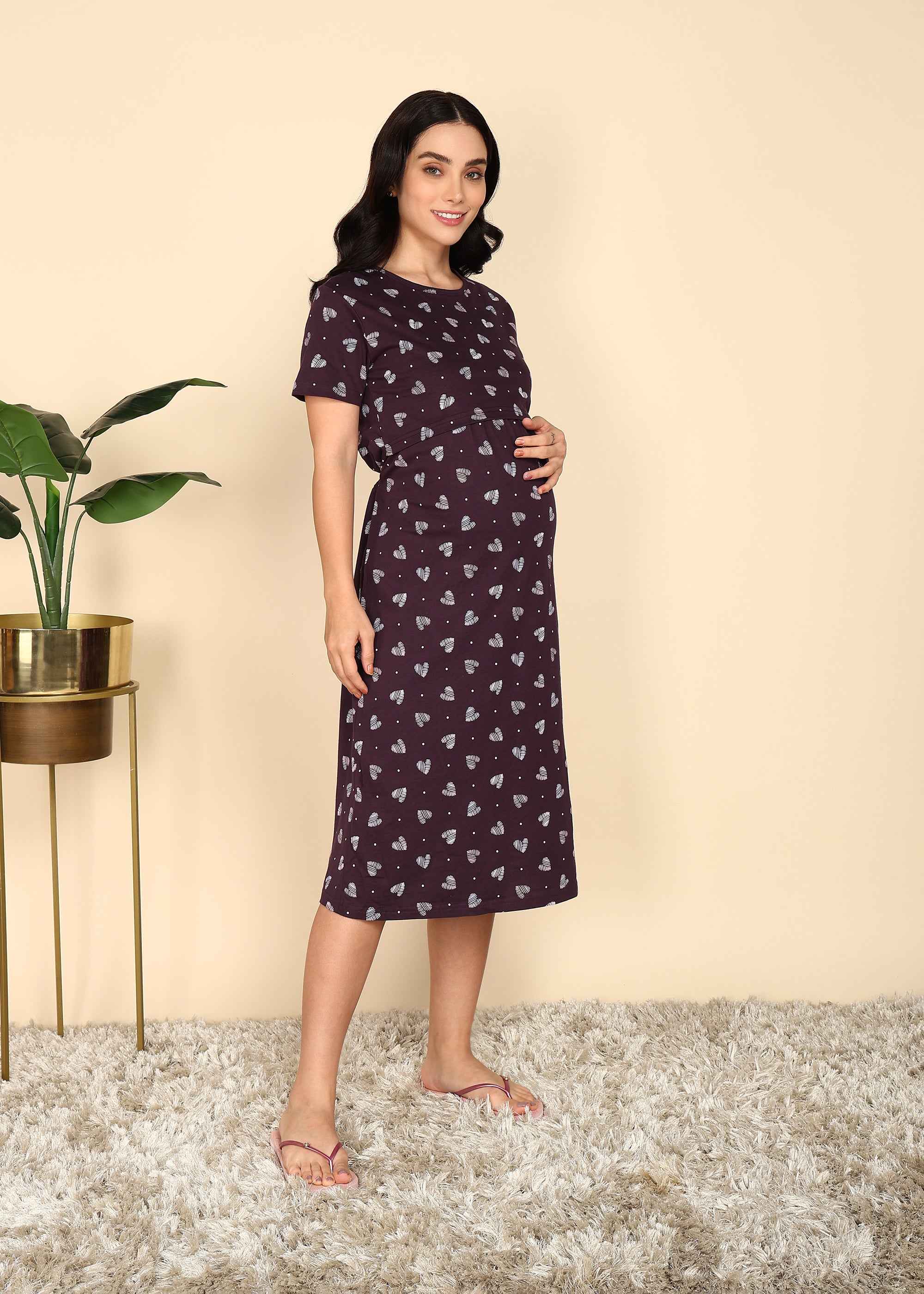 Wine Knitted Cotton Maternity Loungewear Dress