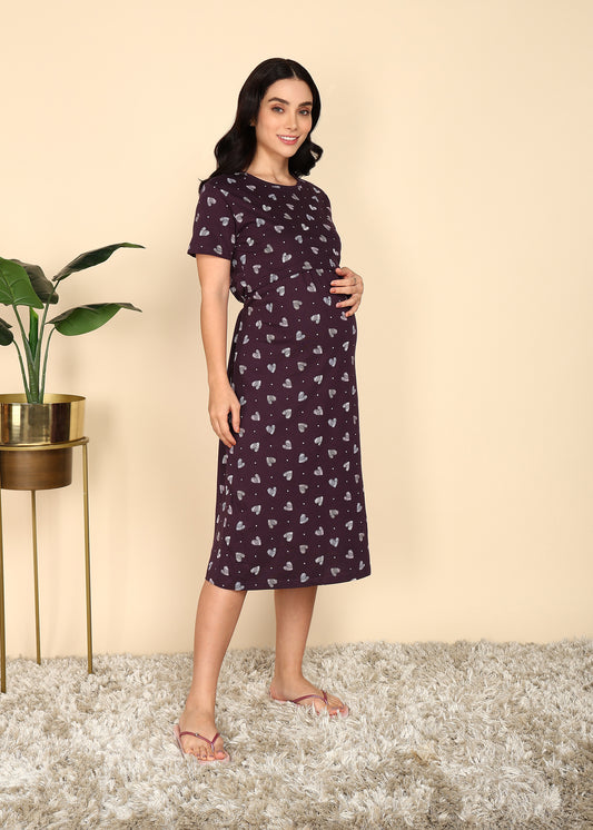 Wine-KnittedCotton-Maternity-Loungewear-Dress