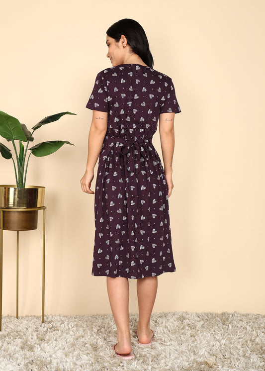 Wine-KnittedCotton-Maternity-Loungewear-Dress