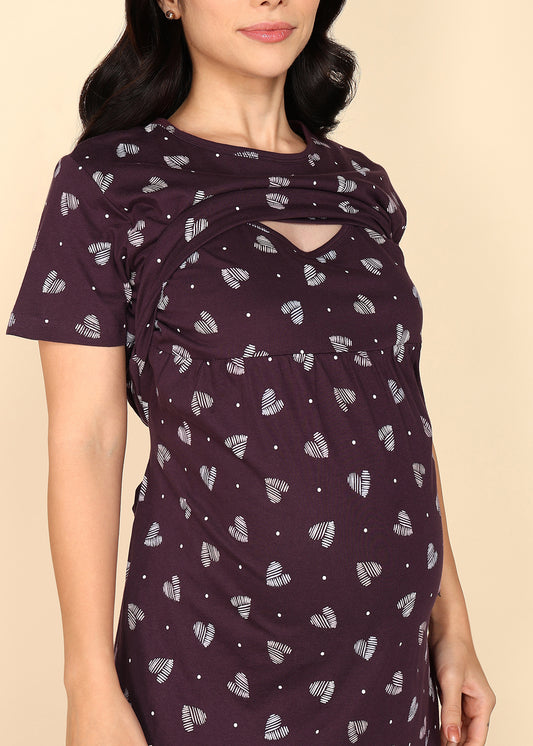 Wine-KnittedCotton-Maternity-Loungewear-Dress