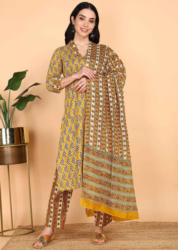 Yellow Pure Cotton Straight Feeding Kurta Set with Dupatta
