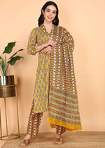 Yellow Pure Cotton Straight Feeding Kurta Set with Dupatta