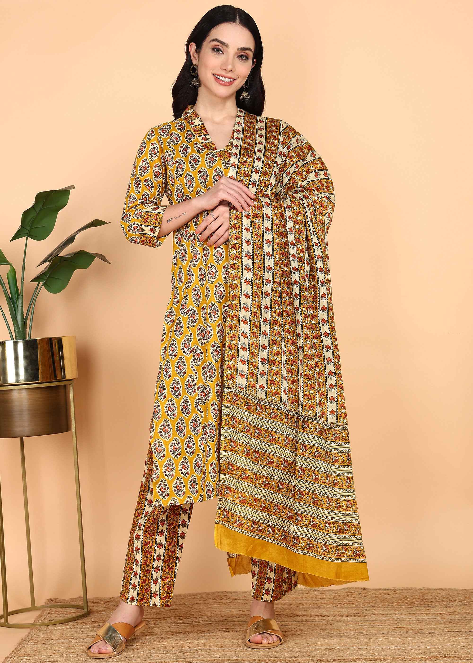 Yellow Pure Cotton Straight Feeding Kurta Set with Dupatta