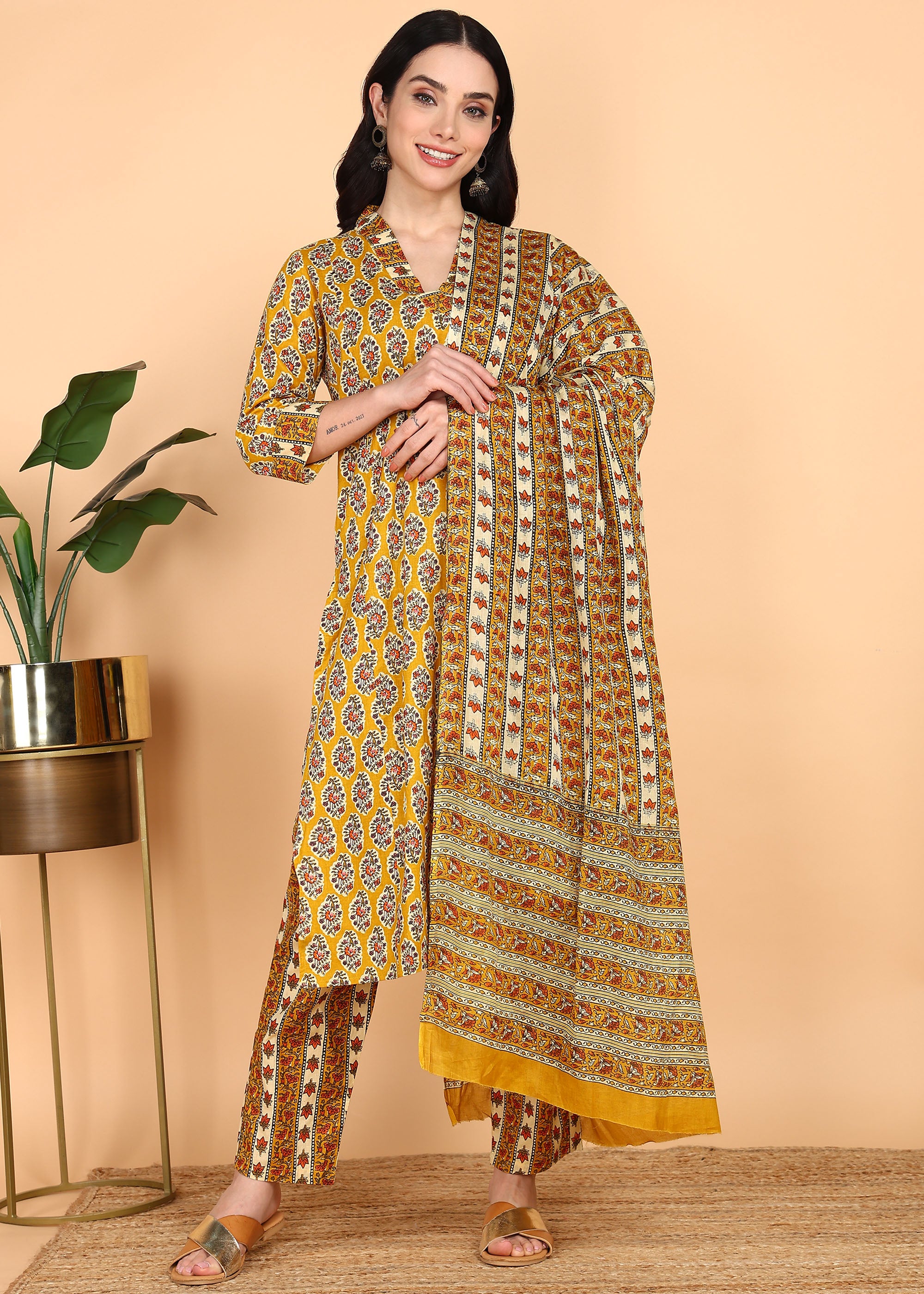Yellow-PureCotton-Straight-Feeding-KurtaSet-Dupatta
