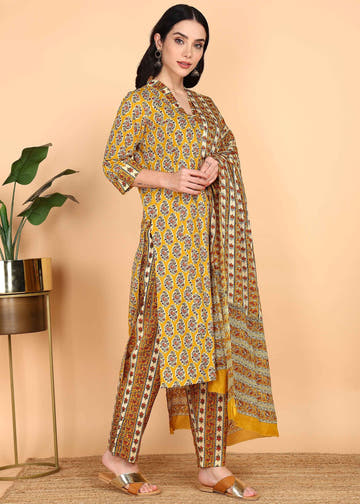 Yellow Pure Cotton Straight Feeding Kurta Set with Dupatta