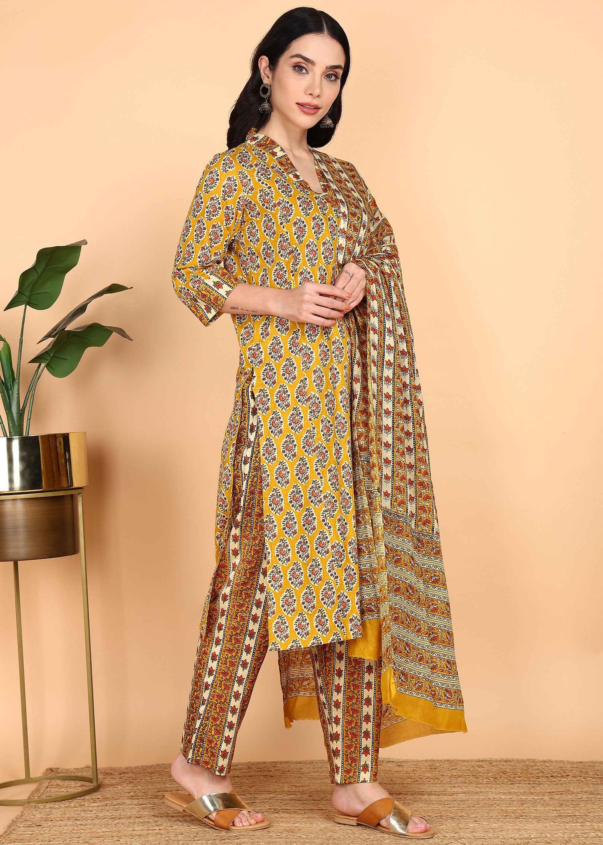 Yellow Pure Cotton Straight Feeding Kurta Set with Dupatta