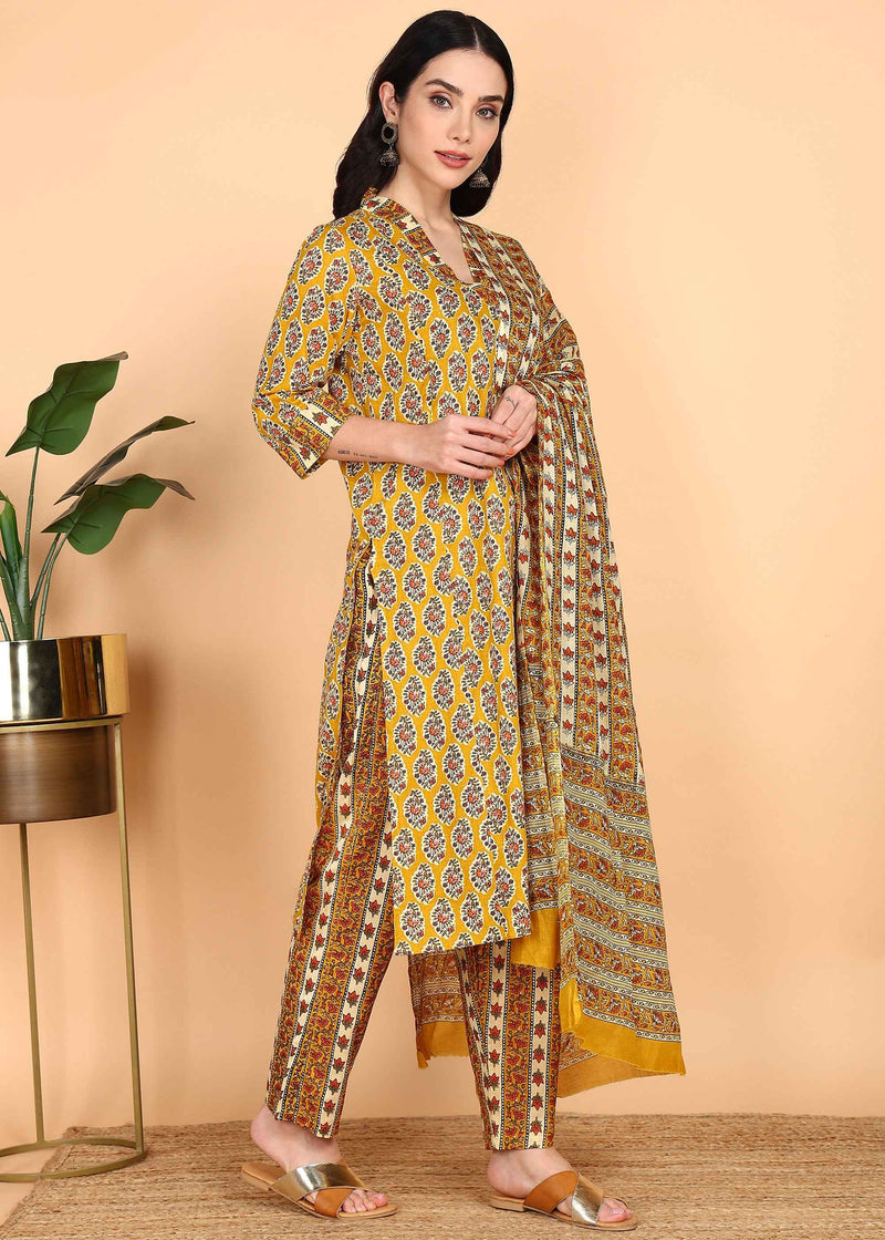 Yellow Pure Cotton Straight Feeding Kurta Set with Dupatta