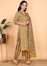 Yellow Pure Cotton Straight Feeding Kurta Set with Dupatta