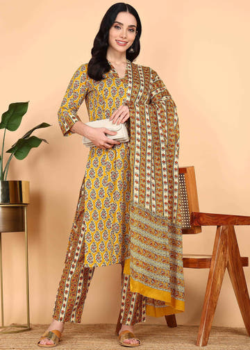 Yellow Pure Cotton Straight Feeding Kurta Set with Dupatta