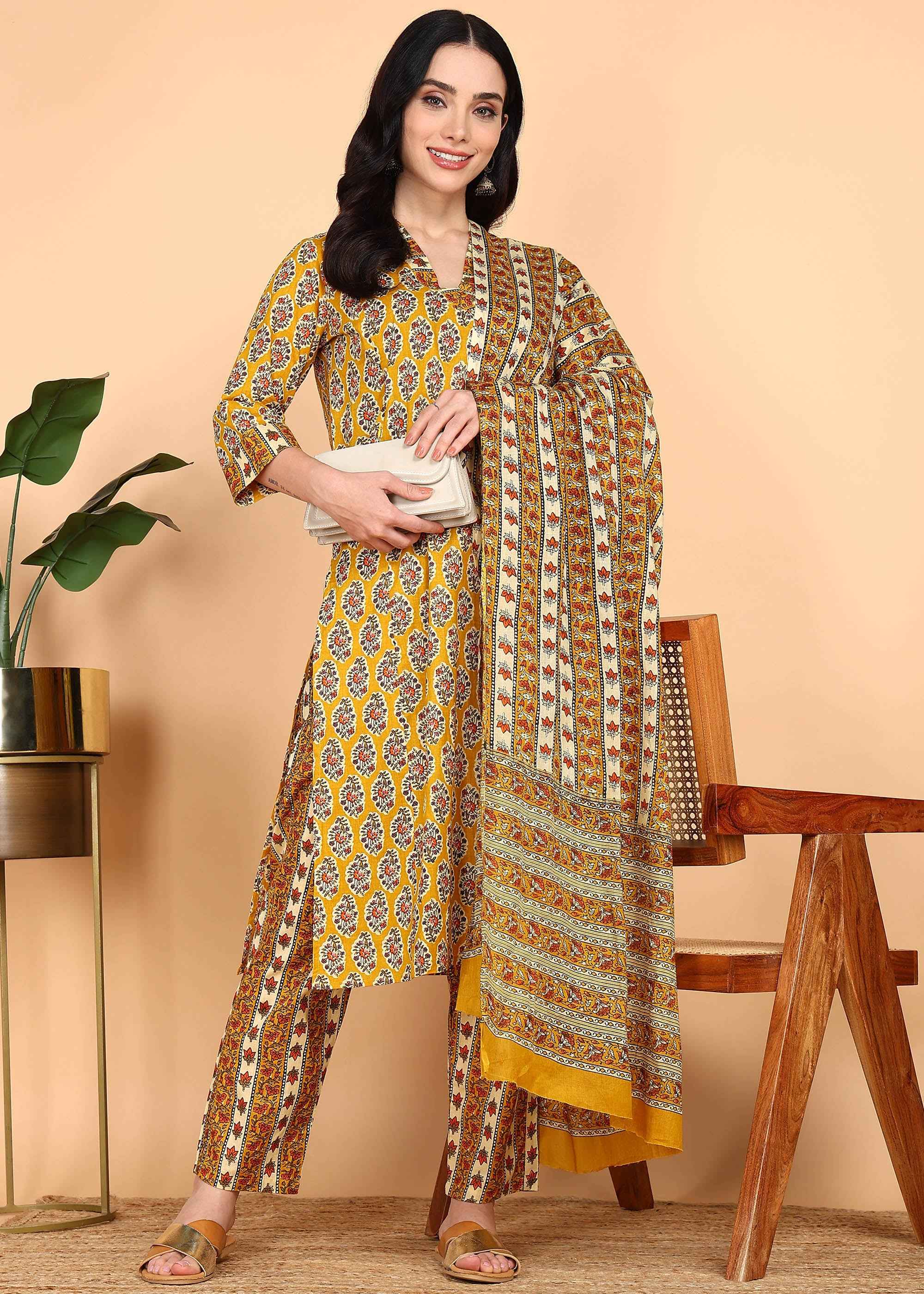 Yellow Pure Cotton Straight Feeding Kurta Set with Dupatta