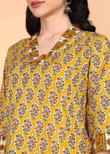 Yellow Pure Cotton Straight Feeding Kurta Set with Dupatta