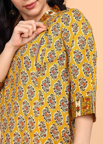 Yellow Pure Cotton Straight Feeding Kurta Set with Dupatta