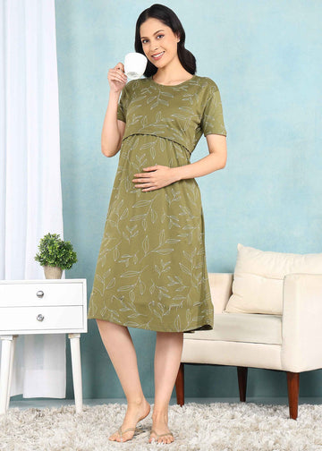 Green Leaf Cross-neck Maternity Loungewear Dress- No Pocket