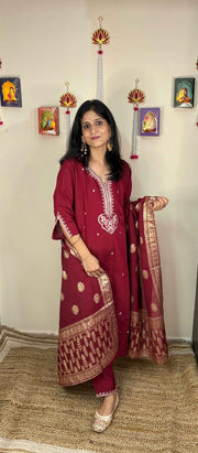 Marroon Festive Straight Feeding Kurta Set with Dupatta