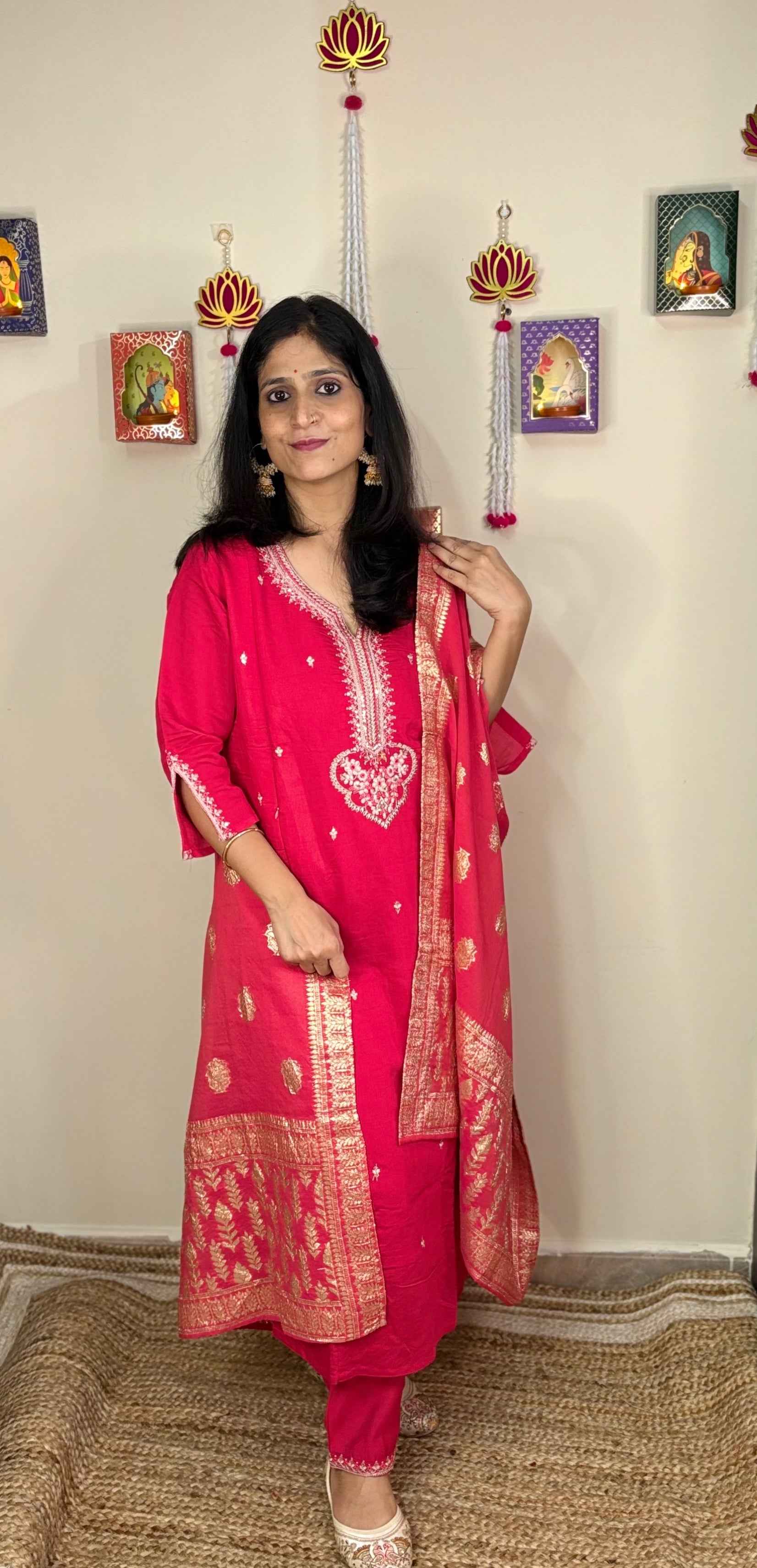 Pink Festive Straight Feeding Kurta Set with Dupatta