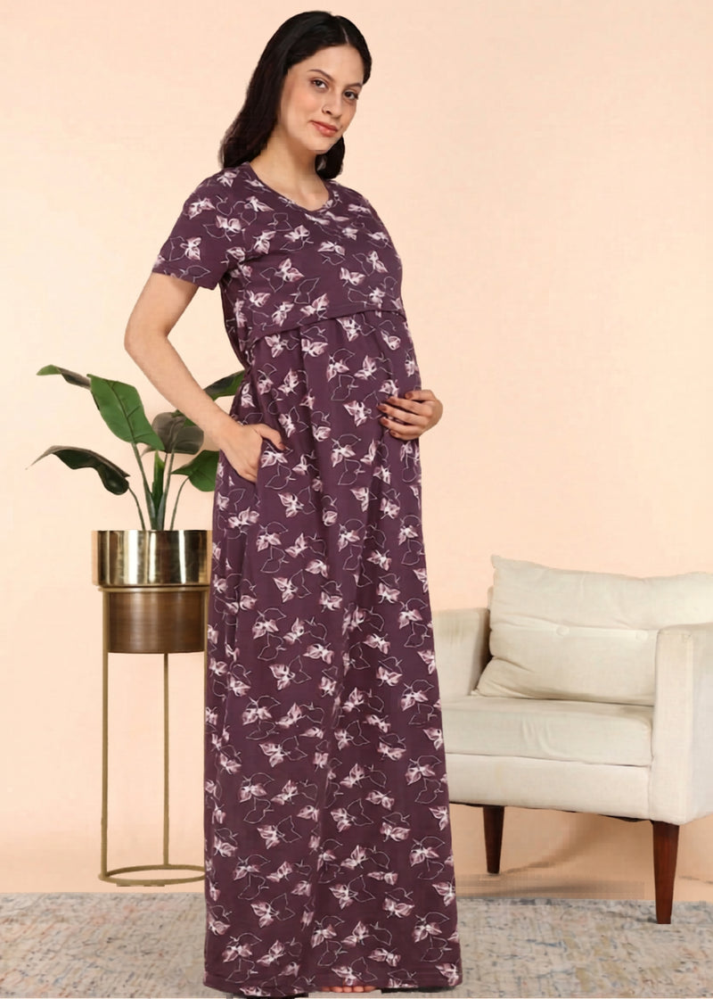 Plum Petals Cross-neck Maternity Loungewear Maxi Dress