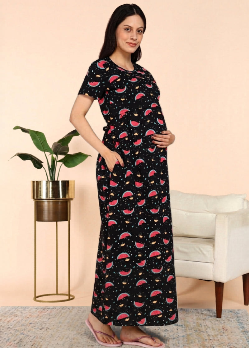 Watermelon Splash Cross-neck Maternity Loungewear Maxi Dress