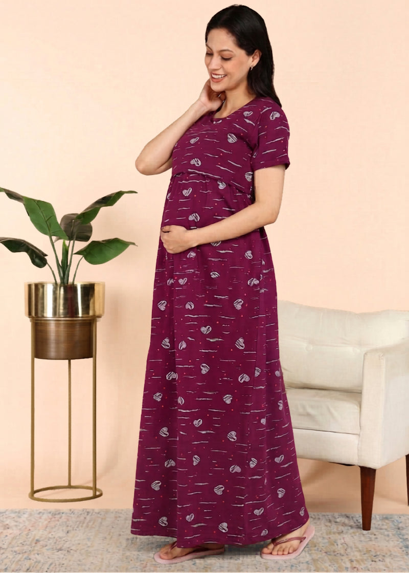 Wine Hearts Cross-neck Maternity Loungewear Maxi Dress
